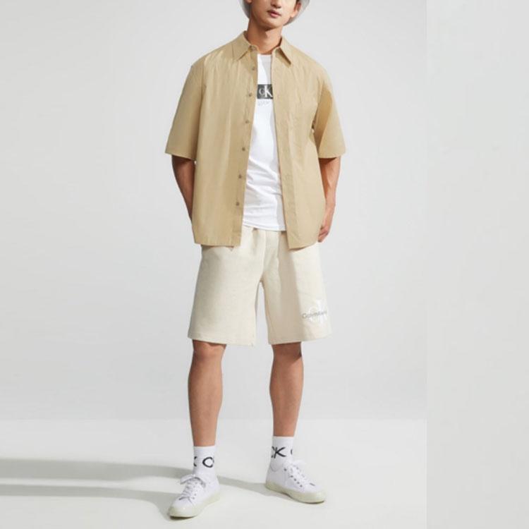 Calvin Klein Solid Color Single-Breasted Cotton Loose Short Sleeve Shirt Men Tops Khaki 40LM114-CF1