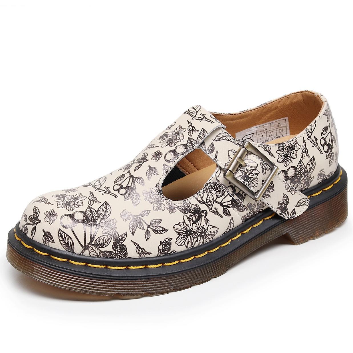 

Single buckle Mary Jane shoes, genuine leather low-top printed small leather shoes, women s British students, Japanese cute style 35