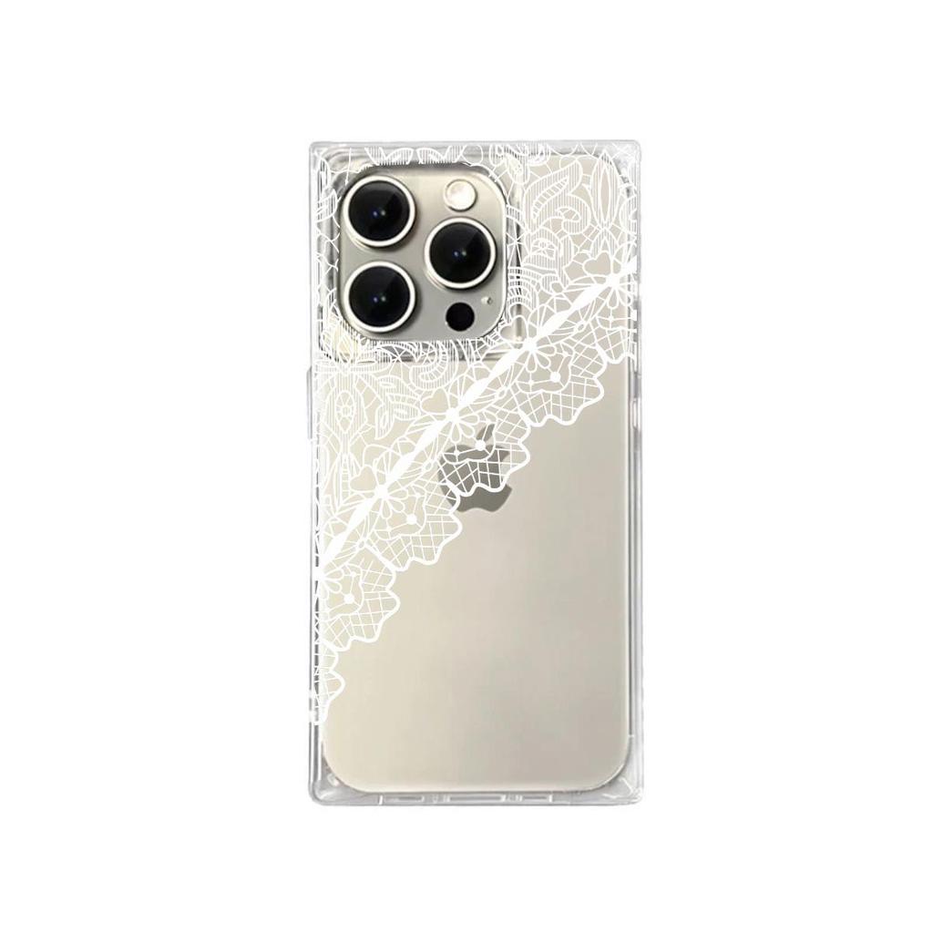 Clear Square Back Tube Case Protection For iPhone 13 12 11 16 ProMax 15 Plus 14 Pro Max Anti-Oxygen,White Lace with Tangled Net Pattern Casing