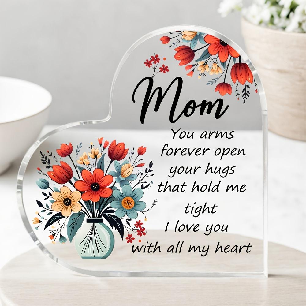 2D Flat, 1pc Mom Acrylic Heart Plaque, "I Love You with All My Heart" Quote Sign, Floral Vase Mother's Day Birthday Gift, Hug & Love Keepsake, Tableto
