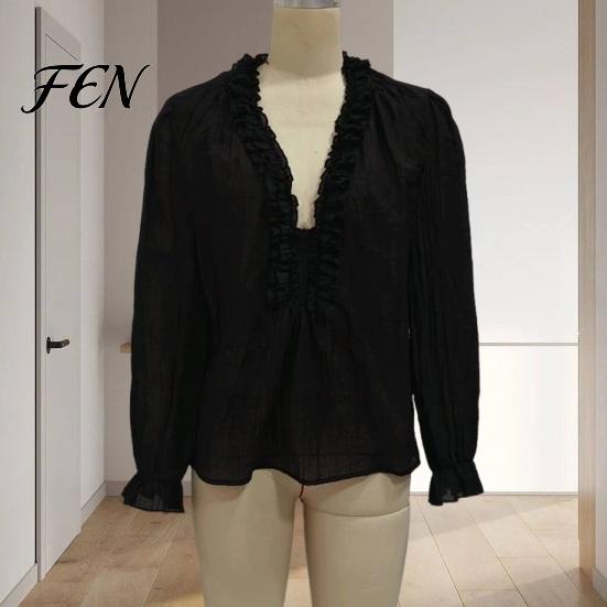 Dressy Casual Blouse Women Ruffle V-Neck Top, Solid Color Long Sleeve Pullover Shirt, Retro Pleated Loose for Autumn V-neck Top