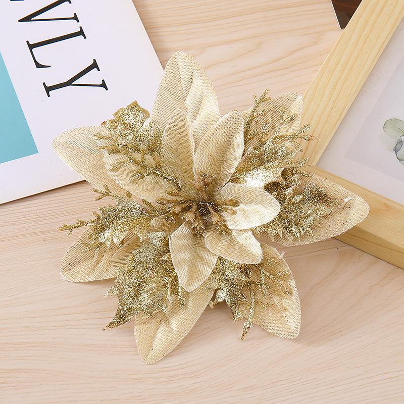 10PCS Poinsettia Christmas Flowers Decoration Artificial Glitter Christmas Tree Ornaments Xmas Party Wreath DIY Garland Decor