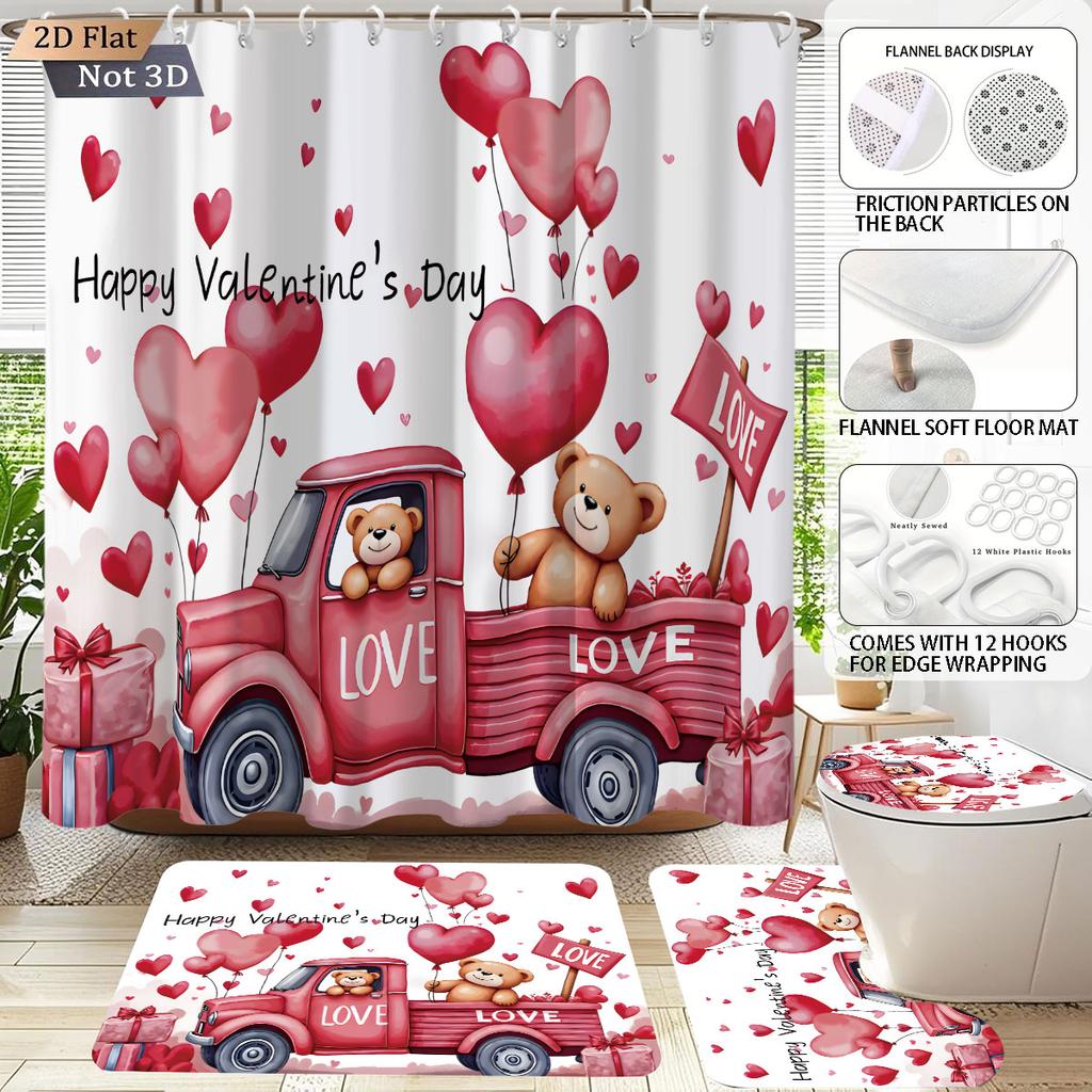 4pcs Valentine's Day Romantic Rose Flower Printed Bathroom Set Waterproof Shower Curtain Floor Mat Toilet Mat U-Shaped Mat