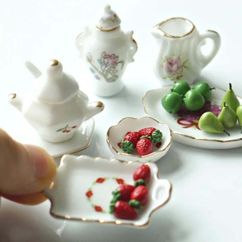 1 Set Doll House Decoration Mini Ceramic Tea Kit Simulation Kettle Plate Model Toy 1/12 Dollhouse Miniature Accessories