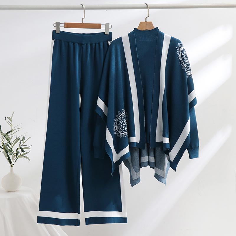 Elegante abito in maglia a tre pezzi con stampa floreale, autunno inverno, top in maglia e pantaloni a gamba larga, set casual da 3 pezzi con scialli per donna