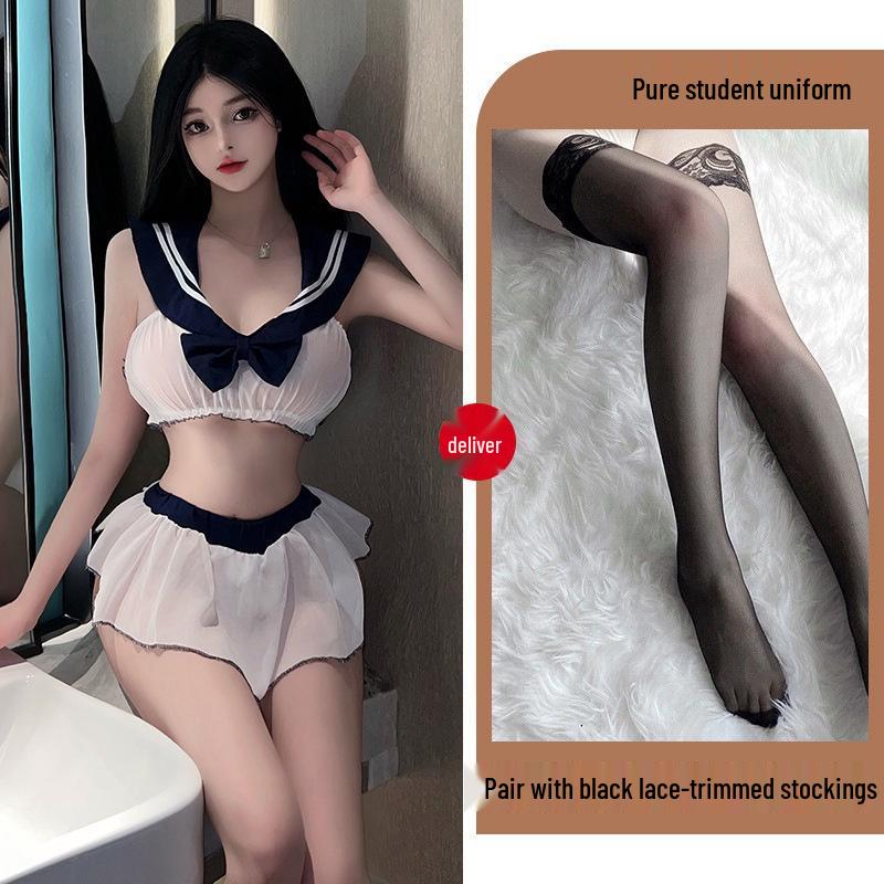 Sensual See-Through Lingerie Set: Seductive Mini Skirt & Cute School Uniform Nightwear for Women