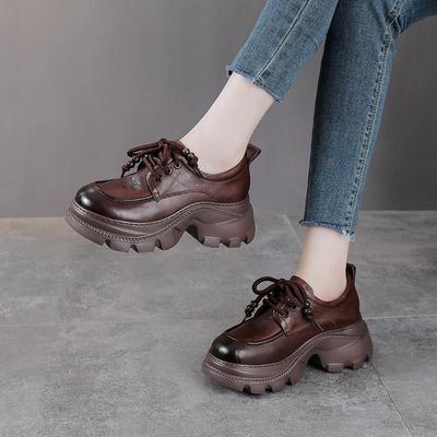 Women's Genuine Leather Thick Sole Retro Loafers - British Style, Height-Increasing Autumn Shoes