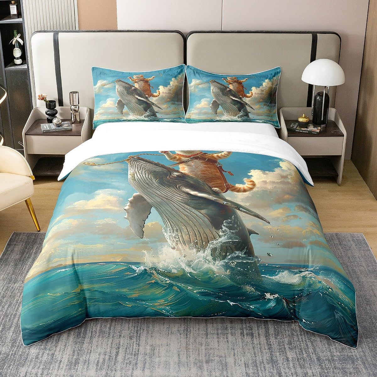 

Sea Whale Bedding Set Queen SizeNautical Anchor Ship Rudder Plaid Duvet Cover Set For Children AdultNavy Blue Ocean Geometric EU Single(135*200cm)3pcs