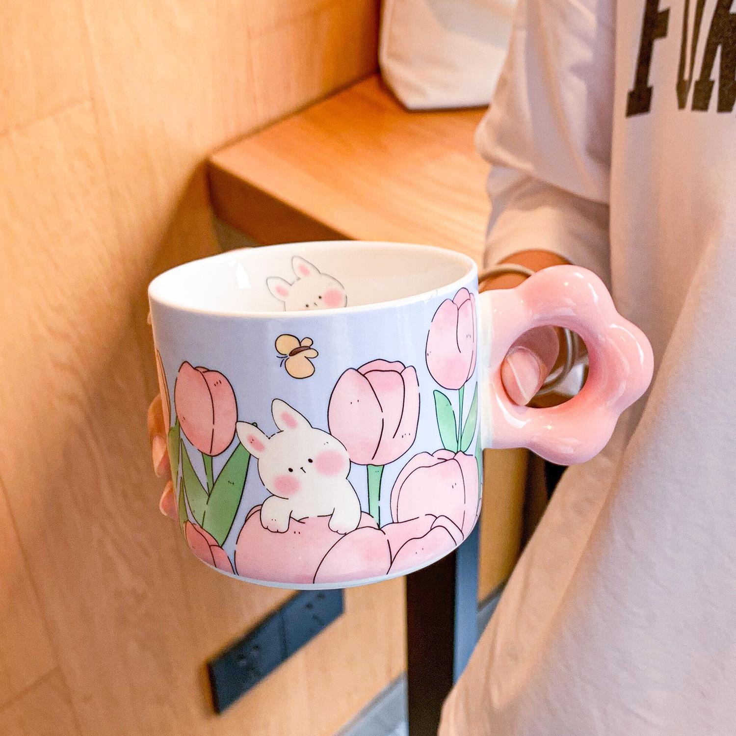 

Милая чашка-тюльпан для девочек, керамическая кружка для пар, с высоким дизайном для дома, детская чашка для завтрака, сувенир 301-400ml