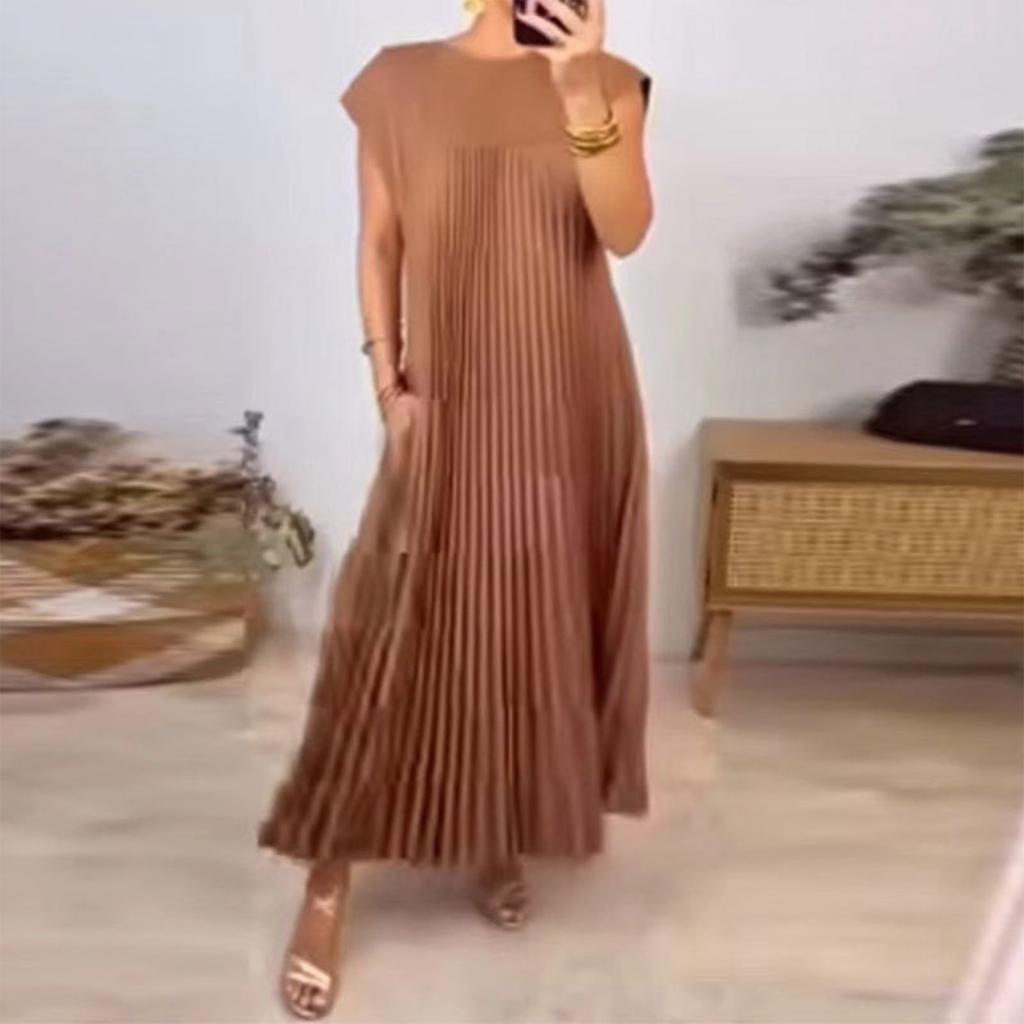 Dress Women's Fashionable Round Neck Sleeveless Pleated Long Dress