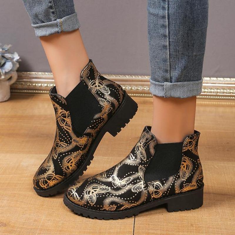 Printed Butterfly Casual Women's Boots 2024 New Square Heel Elastic Hoops, Large Size Short Sleeve Fashion Boots