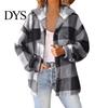 Women Jacket Lady Winter Coat Plush Lined Flannel Conrast Color Plaid Print Design Outerwear Hooded Single-breasted Thick Loose Long Sleeves Casual