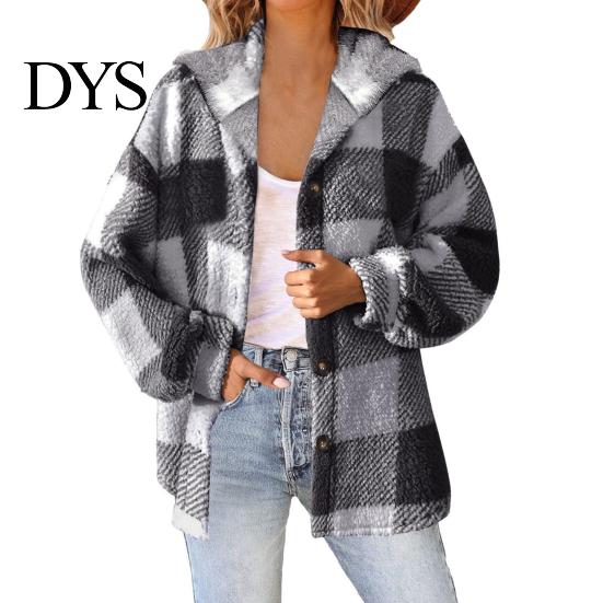 Women Jacket Lady Winter Coat Plush Lined Flannel Conrast Color Plaid Print Design Outerwear Hooded Single-breasted Thick Loose Long Sleeves Casual