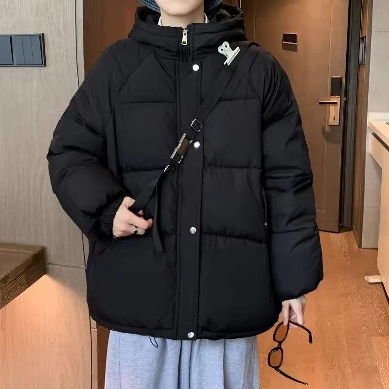 

Зимняя однотонная куртка с капюшоном из хлопка, классическая ветрозащитная куртка с воротником из плотного хлопка для мужчин и женщин L чёрный