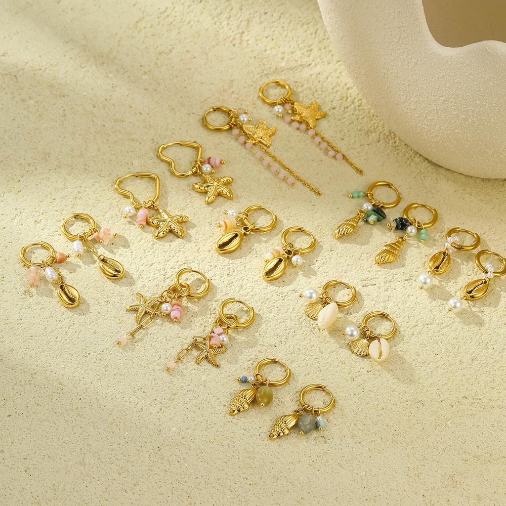Summer Ocean 18K Gold Plated Starfish Jewelry Waterproof Stainless Steel Drop Earrings Natural Stone Minimalist Women Earrings