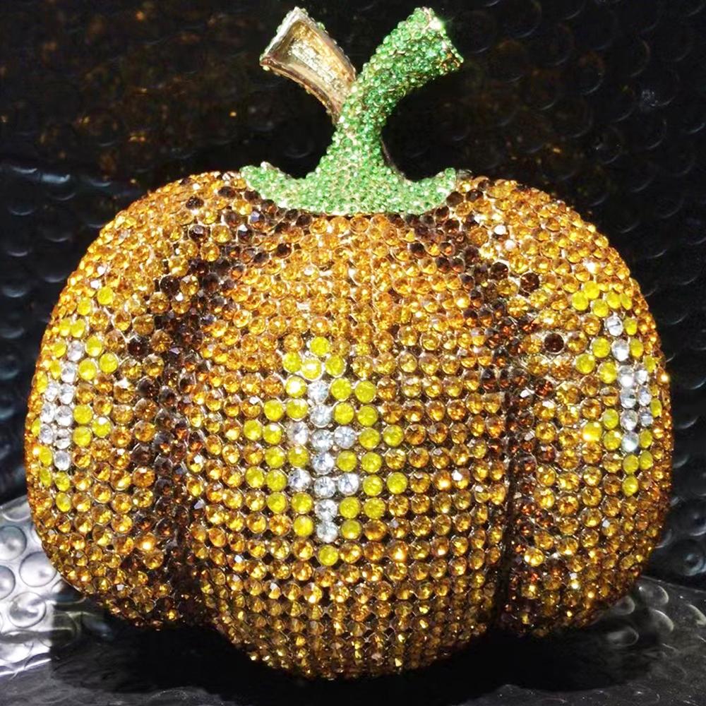 

Yellow Pumpkin Pattern Evening Clutch Purse Large Rhinestone Luxury Desinger Handbags Diamond Party Bag Women Prom Dinner Bags 15.5cmX15.5cmX8cm