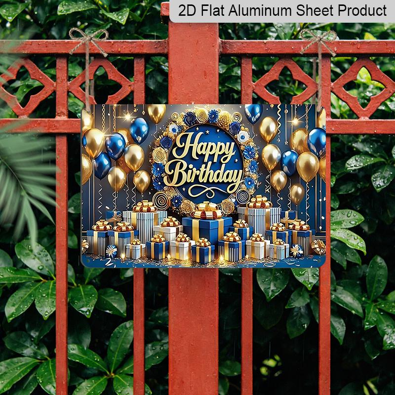 2D Flat, 1pc "Happy Birthday" Blue & Gold Plaque - Luxury Birthday Decor Sign with Balloons & Gifts, Navy Blue & Gold - Aluminium Wall Hanging
