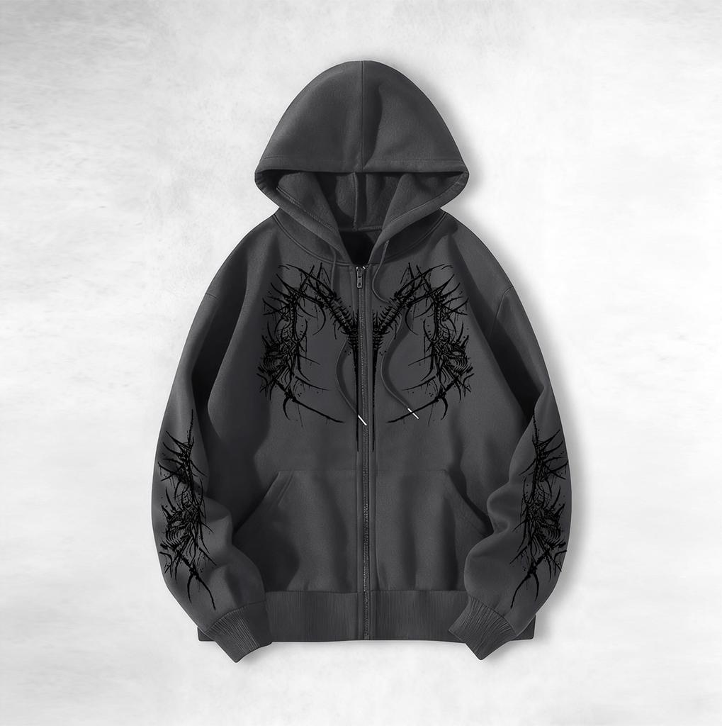 Avant-garde dark aesthetic skeleton-print hoodie, zip-up hoodie