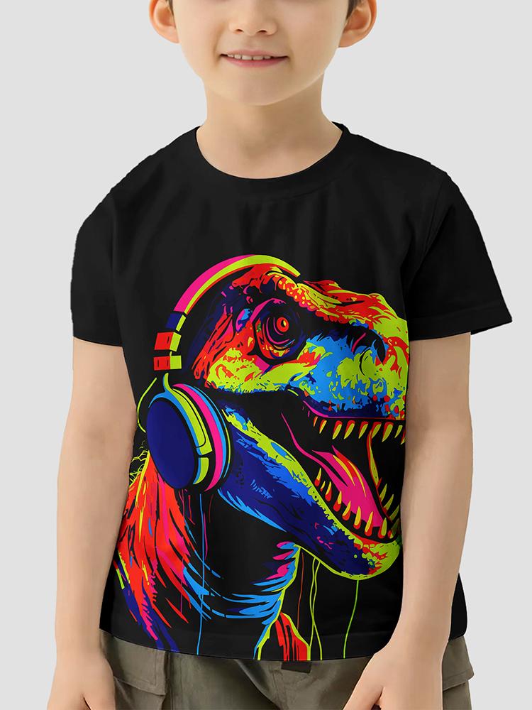 3D Print Digital Dinosaur Boys Creative T-shirt, Casual Lightweight Comfy Short Sleeve Tee Tops, Kids Clothings For Summer