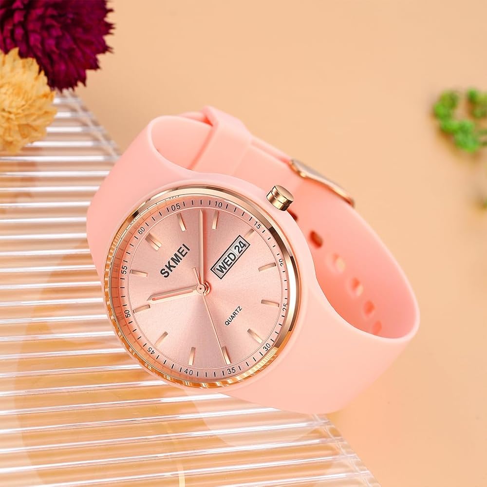 SKMEI Women's Silicone Waterproof Sports Watch Cute Simple Casual Design with Date and Day Display Pink
