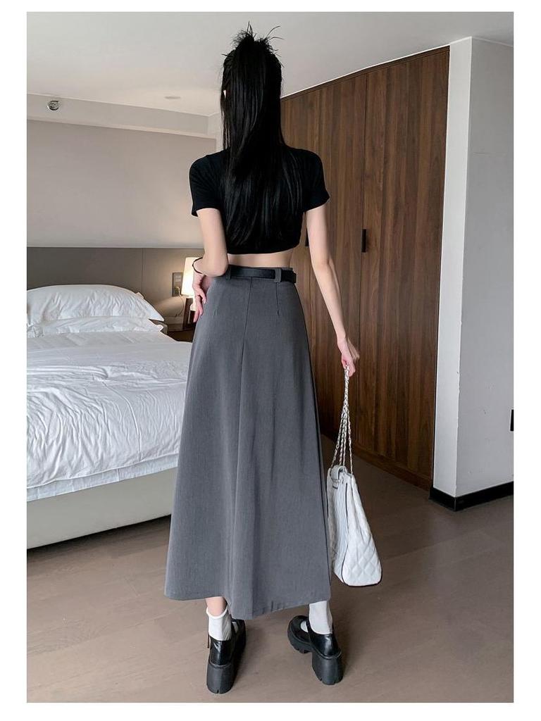 High-Grade Pleated Grey Skirt for Petite Women - High Waist, Mid-Length, Spring & Autumn 2025