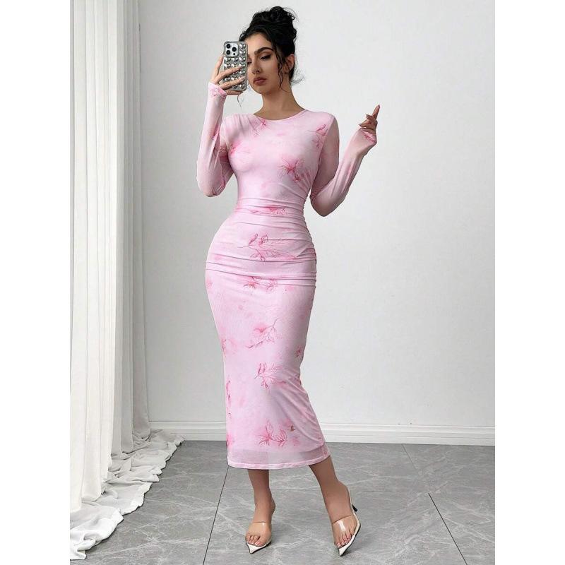 European and American tie-dye printing long-sleeved slim-fitting dress 2026 summer new waist and thin skirt S