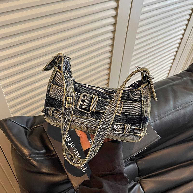 Y2K Washed Denim Shoulder Bag with Buckle Detail Zipper Closure Casual Underarm Purse for Daily Use