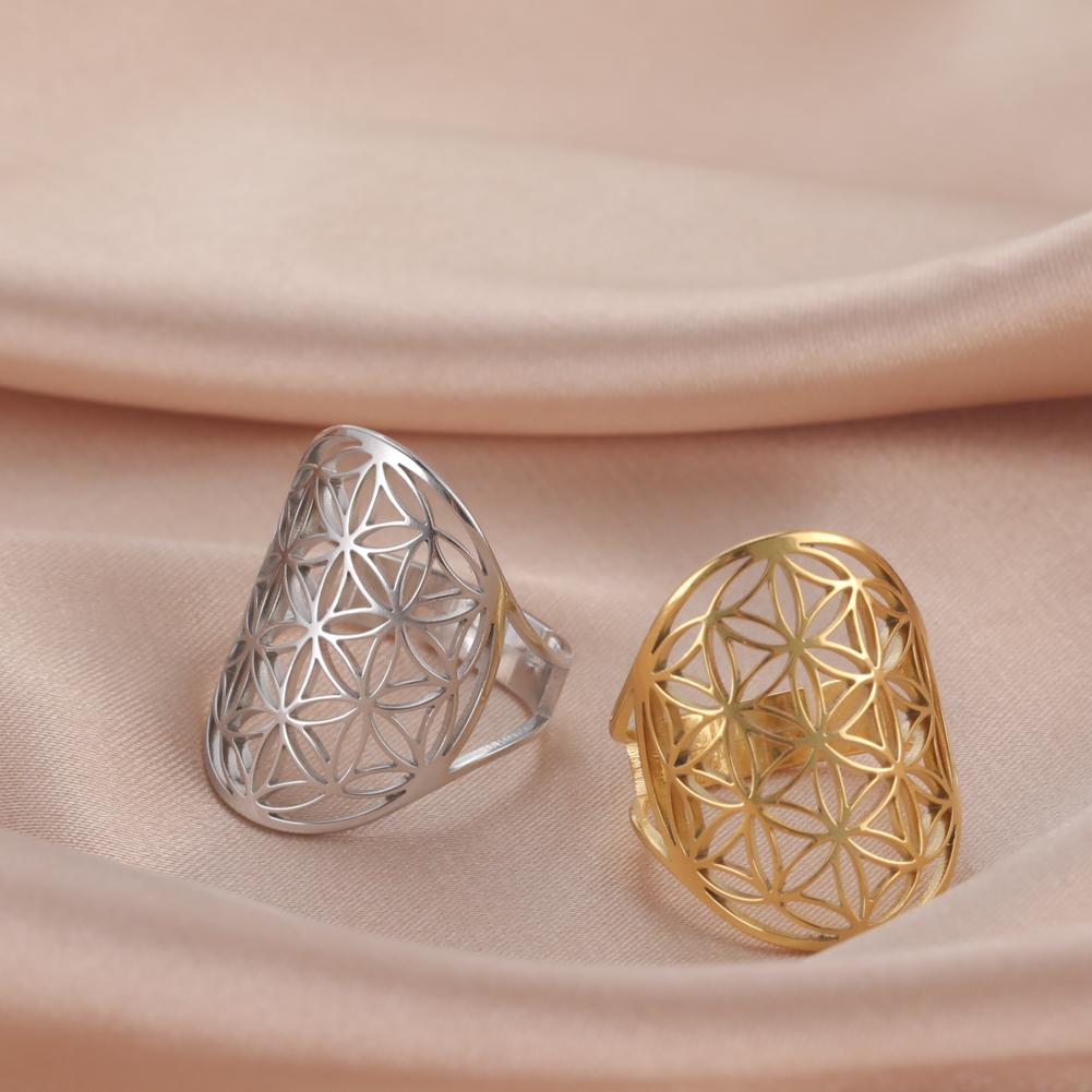 Flower of Life Ring Stainless Steel Sacred Geometry Archangel Metatron Ring Adjustable Amulet Jewelry Gift Wholesale