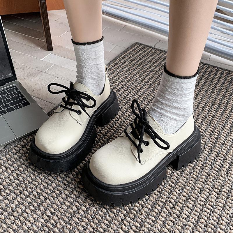 British Style Loafers Women's Spring New Baitie Fashion with Skirt Thick Sole Heightening Korean Version Lace-up Small Leather Shoes