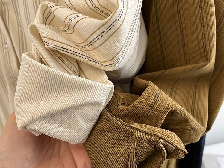 Damen Herbst Retro Kaffee Cord Pinstripe Kragen Langarm Lagenhemd