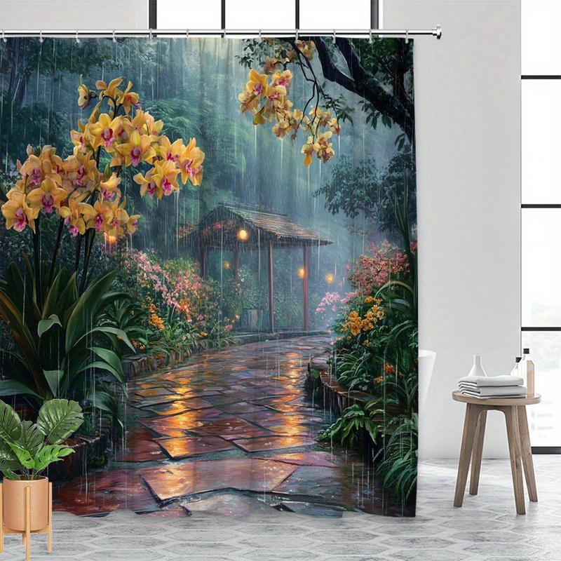 Serene Garden Path Shower Curtain Lanterns Rain Orchids Gazebo Soft Lights Polyester Washable with Hooks Tranquil Decor