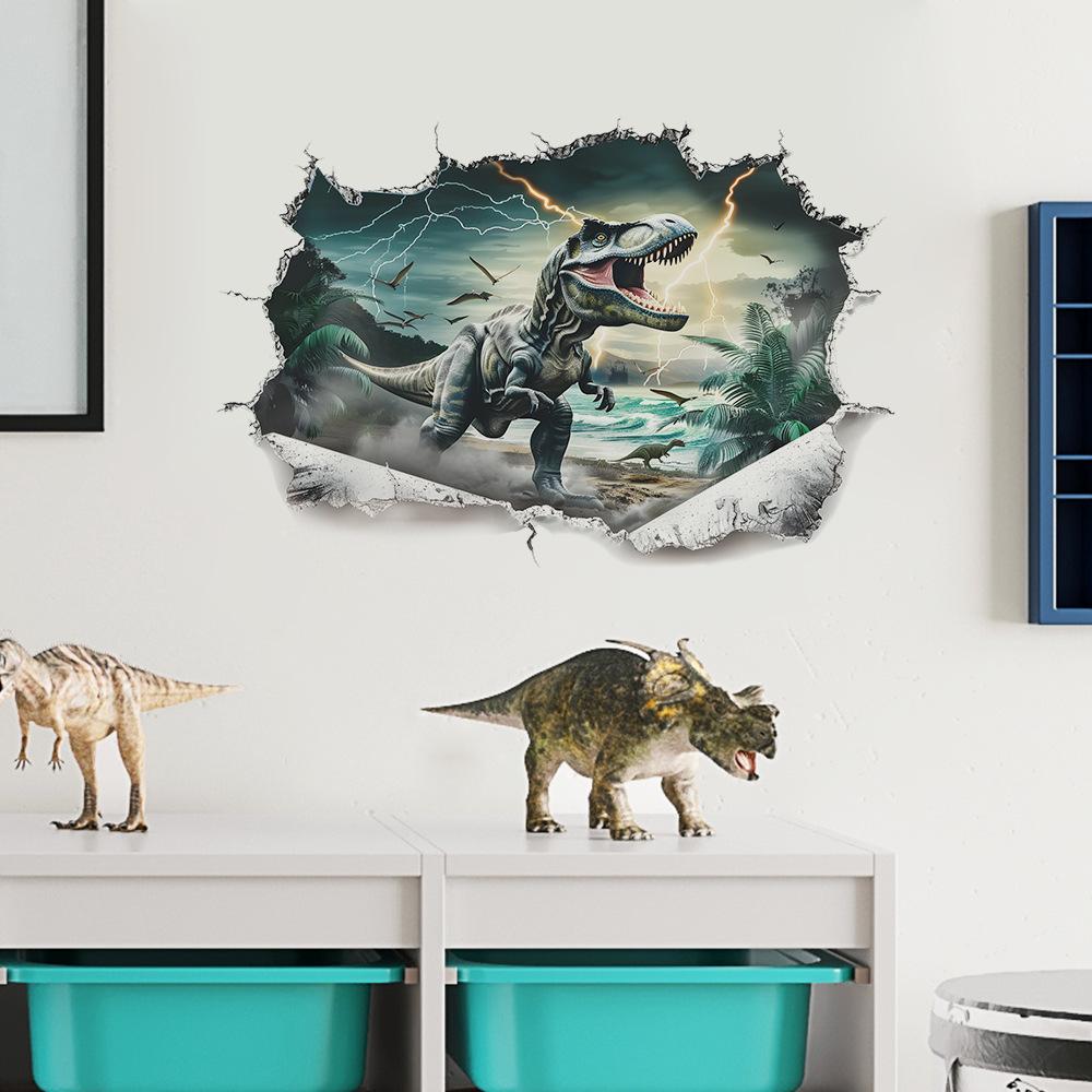 Cartoon Realistic Dinosaur Breaking Through Wall Self Adhesive Wall Sticker for Kids Room Kindergarten Decor