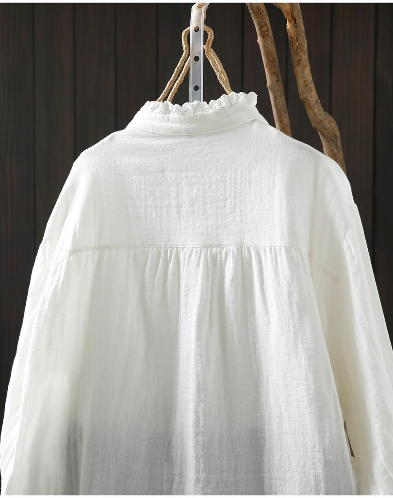 2026 Spring Lace Button Women's Double Layer Cotton Gauze White Shirt - Versatile & Age-Reducing