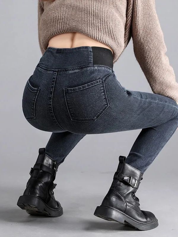 High Waisted Jeans Women's Pants Autumn and Winter New Styles Plus Size Slim Fit Elastic Waisted Small Leg Pants with Plush