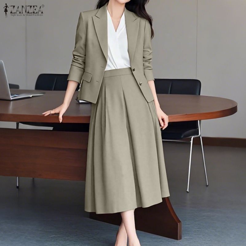 ZANZEA Women Long Sleeve Blazer and Midi Skirts Casual Two Piece Suit Sets