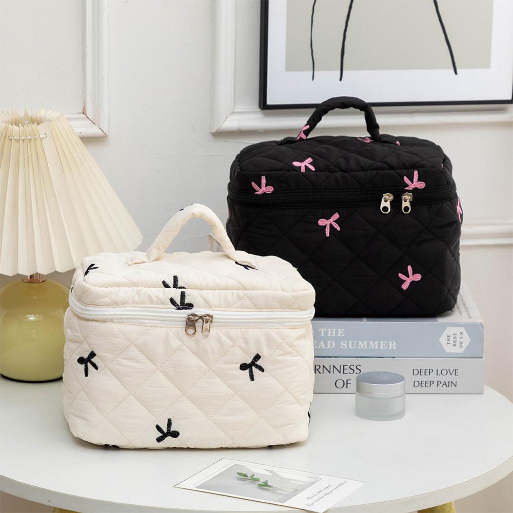 Cute Large Quilted Makeup Bag Embroidered Bow Travel Handheld Cosmetic Bag Coquette Aesthetic Toiletry Bag for Women Girls