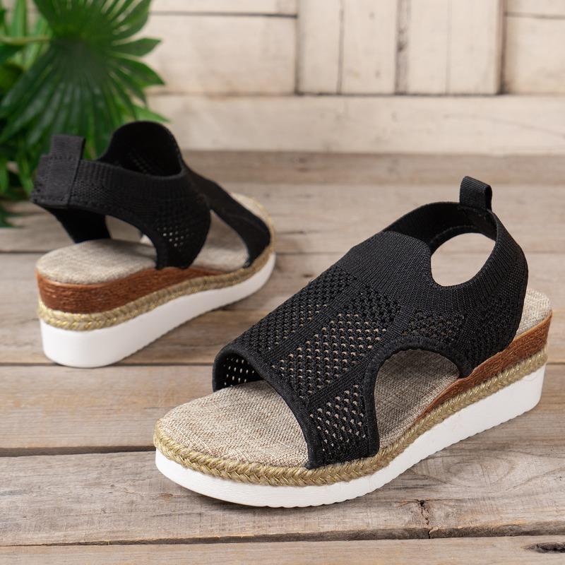 Summer new slope heel sandals large size hot sandals fly woven breathable mesh fish mouth women's sandals