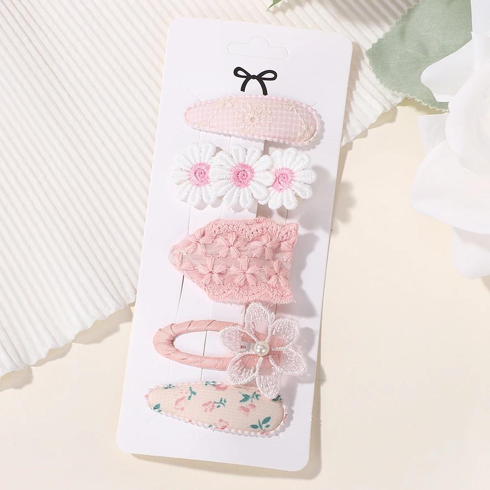 RAINBOW BOWS 5Pcs/Set Girls Boutique Headwear Hair Clip Embroidered Printing Barrette Fresh Daisy Hairpin Kids Hair Accessories