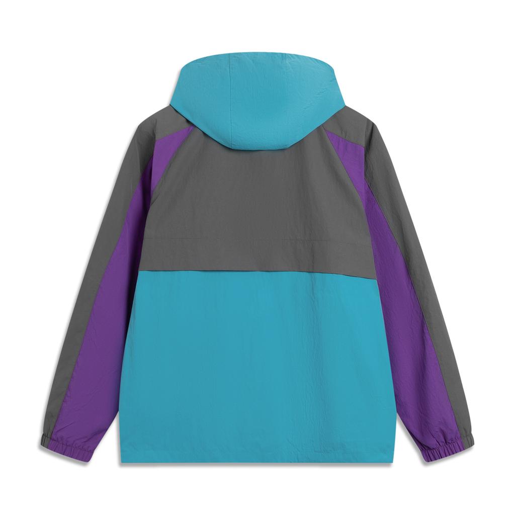 Li Ning Minimalist Color Block Hooded Loose Versatile Zipper Windbreaker Men Outerwear Reef-Blue Coal-Gray AFDVE63-5