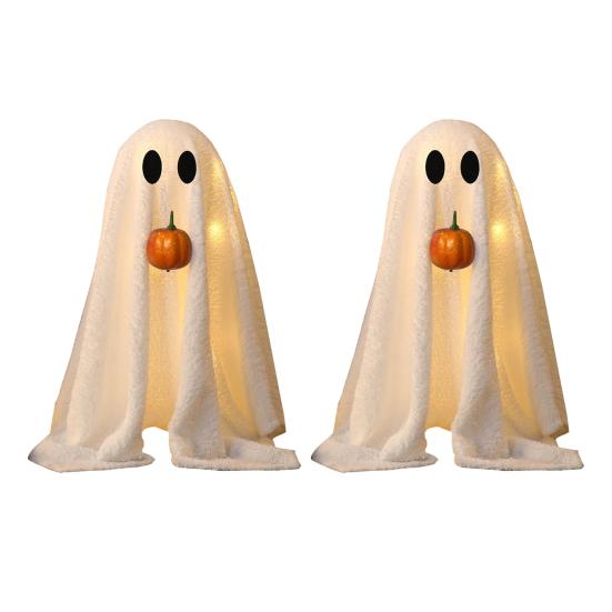 Yousheng Halloween Lighted White Ghost Spooky LED Light-Up Velvet Cloth Ghost with Pumpkin for Holiday Home Kitchen Fireplace Tabletop Decor