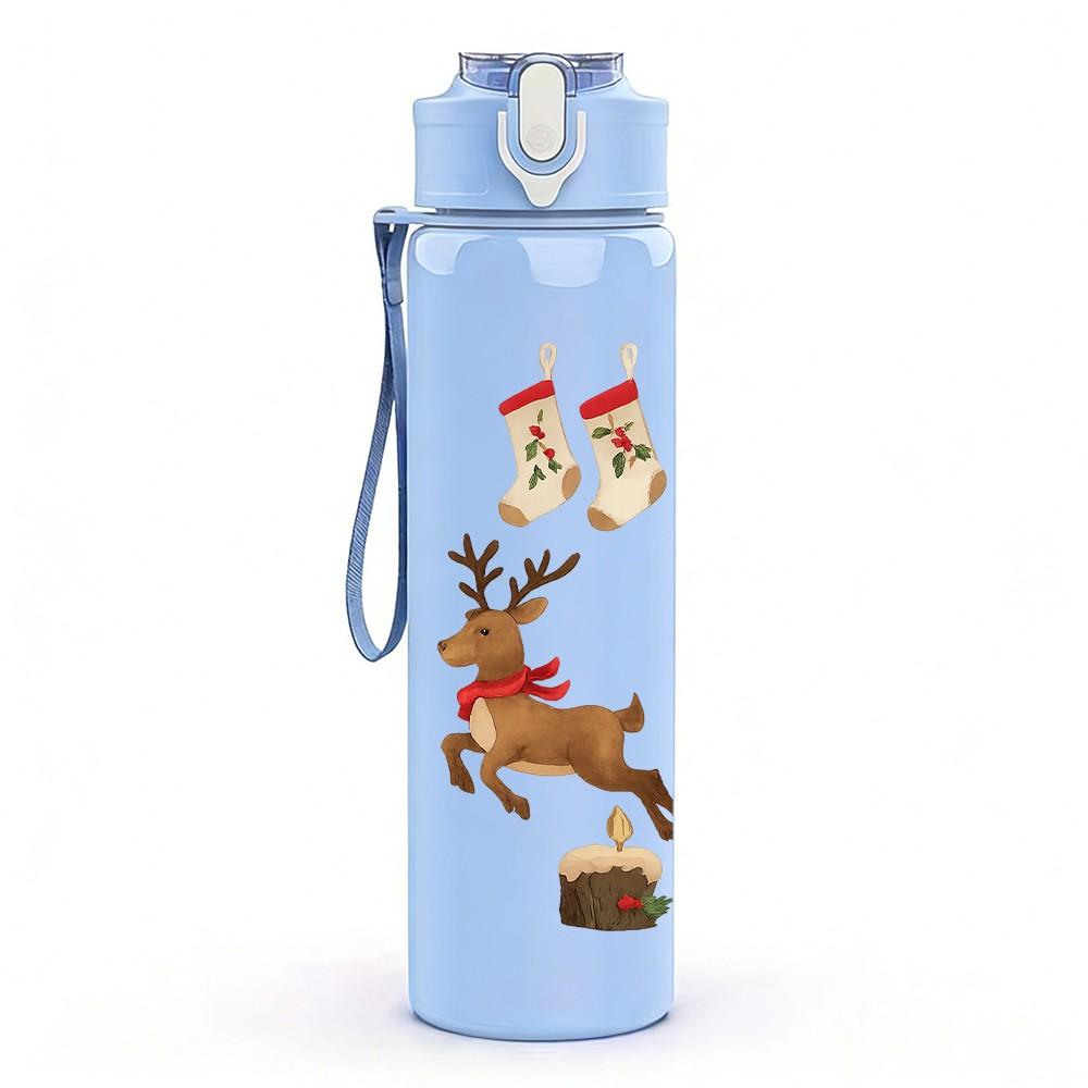 1PC Christmas Santa Deer Pattern 750ml Color Plastic Sports Water Bottle Leakproof Flip Straw Lid Suitable for Sports Office Home Use