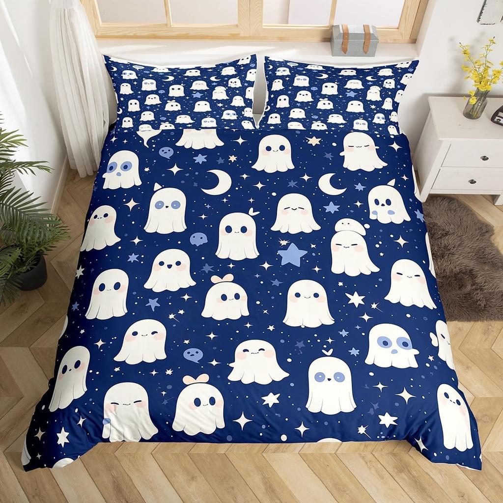 Halloween Ghost Duvet Cover Kawaii Cartoon Ghost Bedding Set Twin Queen For Boys Girl Room Decor Happy Halloween Comforter Cover