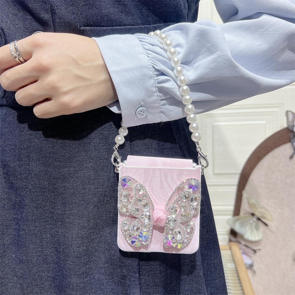 Fantasy Glitter Rhinestone Butterfly Phone Case For Samsung Z Flip 7 6 5 ZFlip 4 3 Pearl Chain Leather Protective Cover