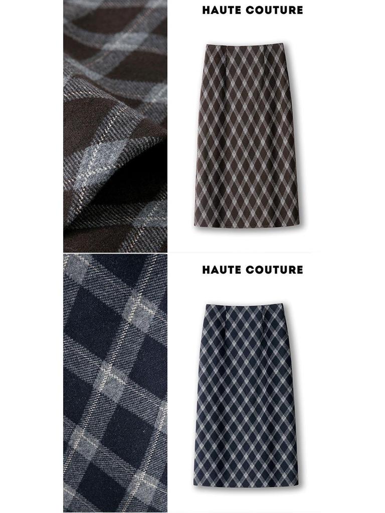 Women's Fashionable Retro Plaid Skirt - Autumn 2025 Style, Petite High Waist, Hip-Hugging Brown Slit Design
