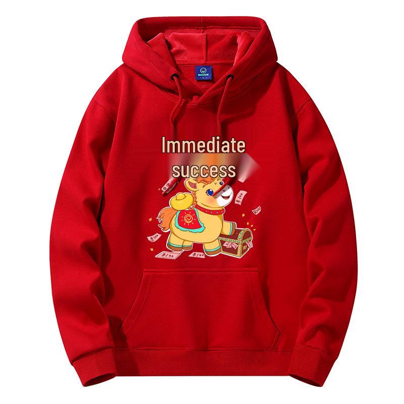 2026 Year of the Horse Red Hooded Sweatshirt - Men's Loose-Fit, Thin, Plus Size Outerwear, Class Uniform
