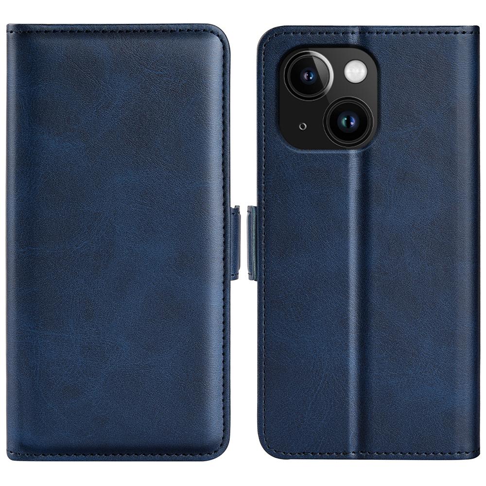 

For iPhone 15 Fully Wrapped PU Leather Wallet Phone Cover Calf Texture Stand Phone Case Blue