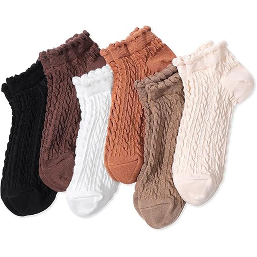 6 Pairs Set Ankle Socks For Women Cotton Cable Knit Ruffle Socks Low Cut Breathable Casual Girls Spring Summer Socks