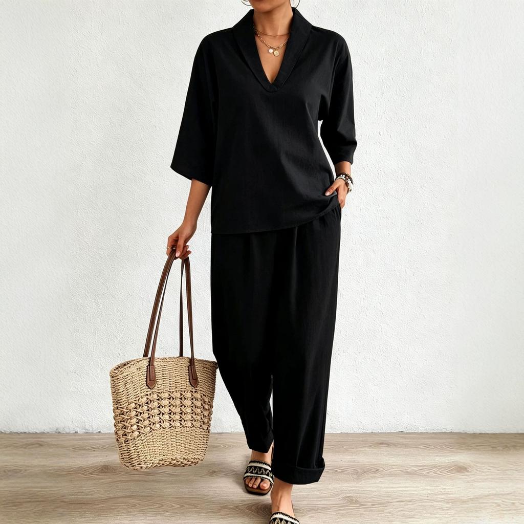 2026 cross-border spring and summer explosion European and American style V-neck short-sleeved suit fashionable casual wide-leg pants suit