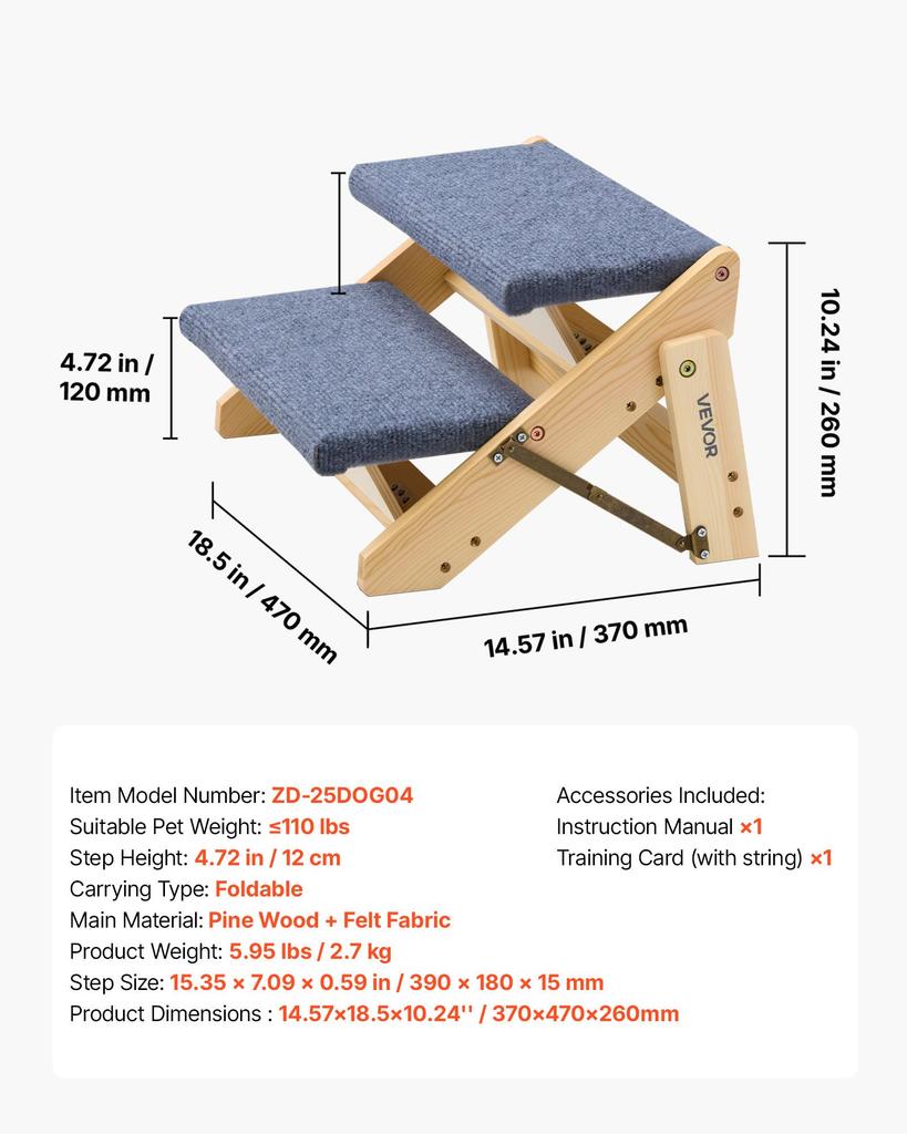 VEVOR Wood Pet Stairs, 2-Step Dog Stairs for Beds, Sofa & Cars, 50 Kg Load Capacity, Floded Flat Design