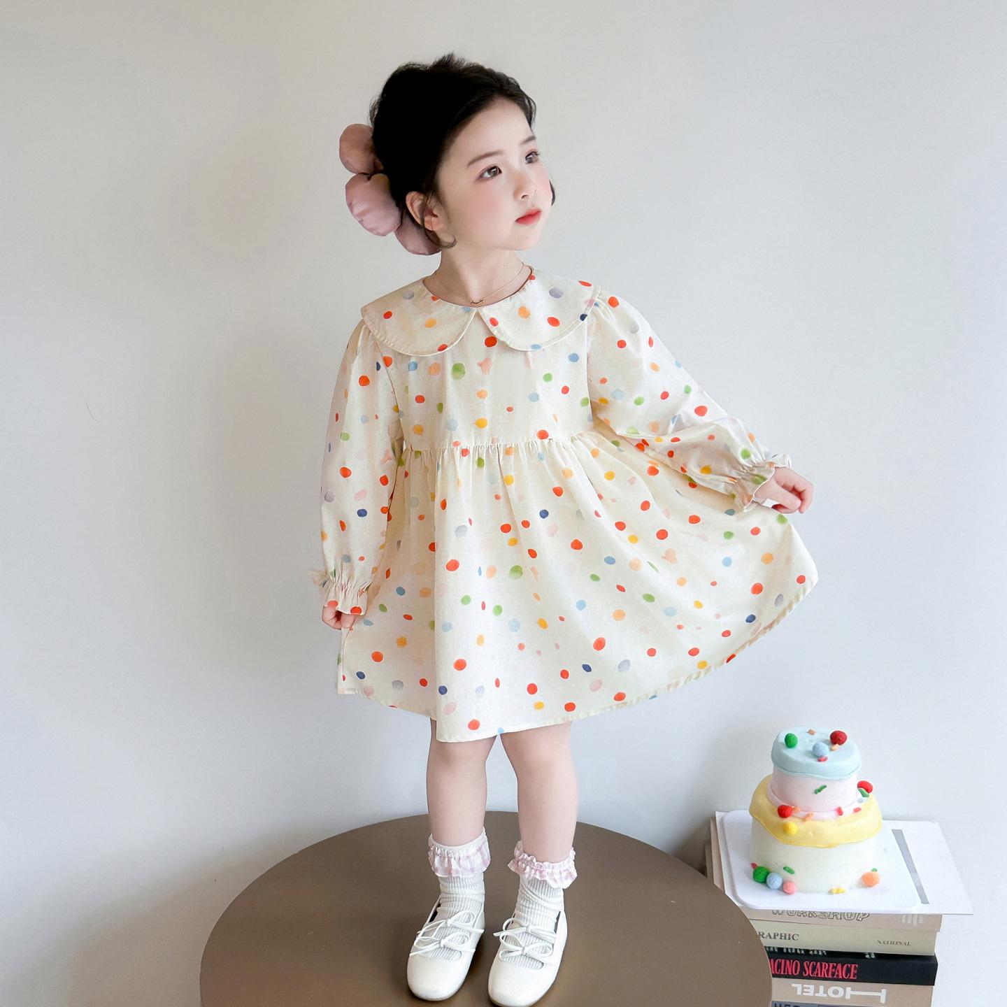 

Девочковый вязаный комплект из платья в горошек с воротником-куклой и кардигана - Весенне-осенний комплект из двух предметов 100 cm